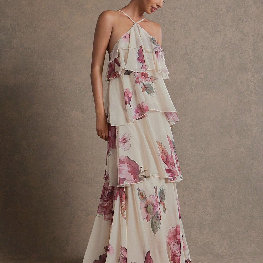 Multicolor Boho Women's  Halter Tiered Chiffon Maxi Dress - Picture 4 of 5